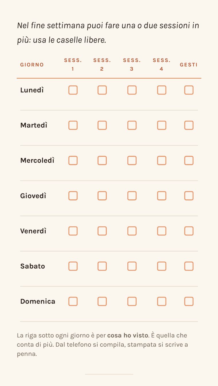 La griglia settimanale del libro, con una casella per ogni sessione e una riga per cosa ho visto.
