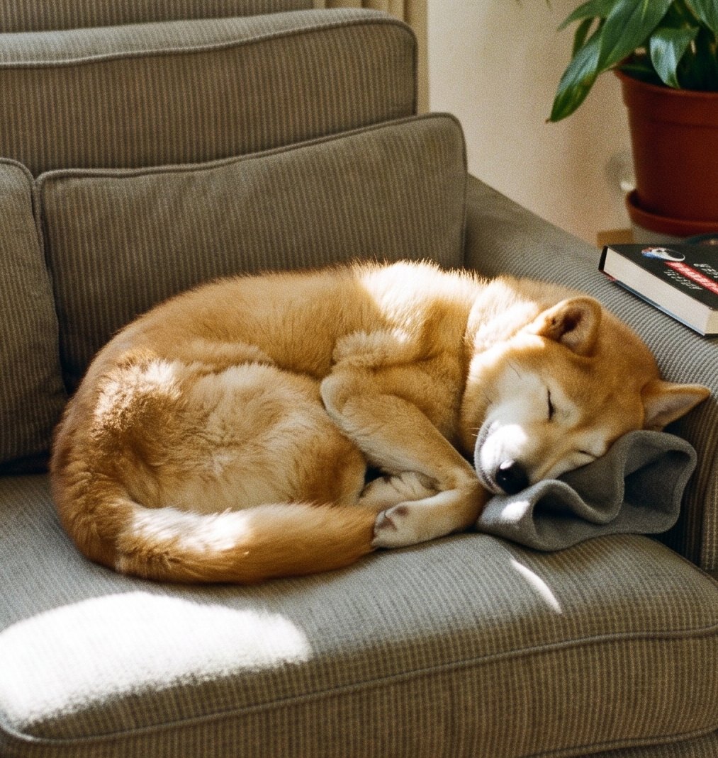 Un cane dorme raggomitolato sul divano, il muso appoggiato su una coperta, con una striscia di sole del pomeriggio sulla schiena.