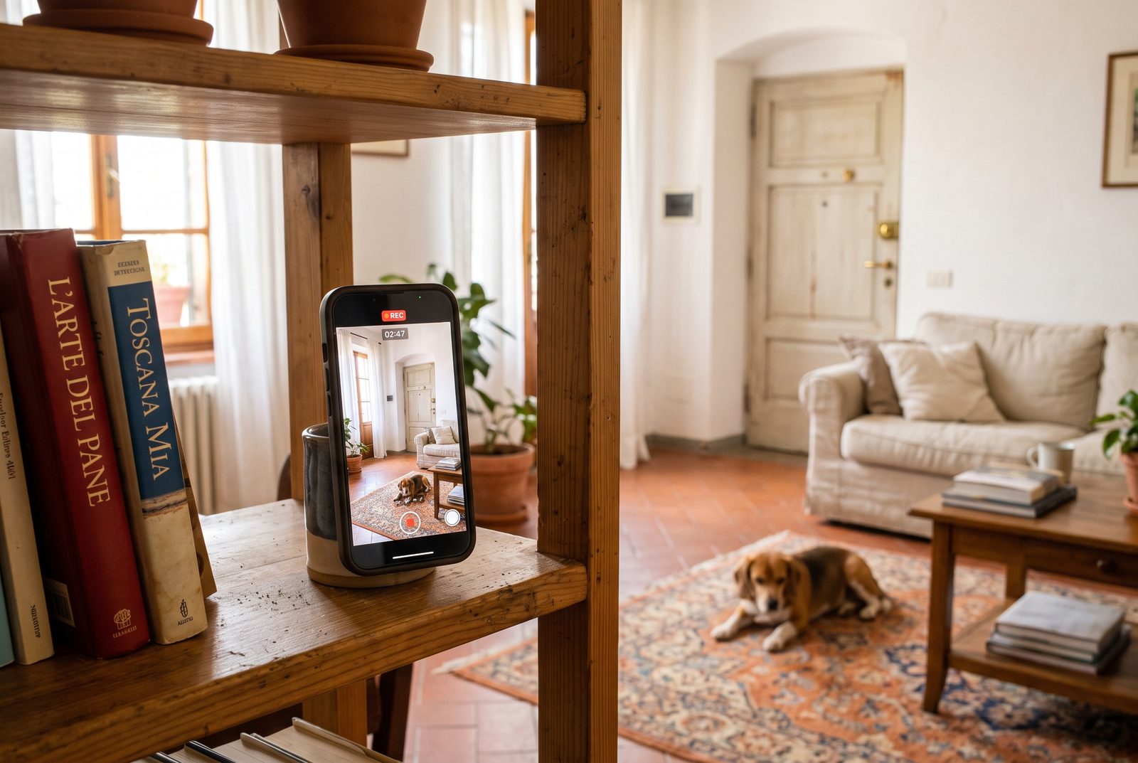 Un telefono appoggiato a una mensola riprende il salotto mentre il cane resta sdraiato sul tappeto.