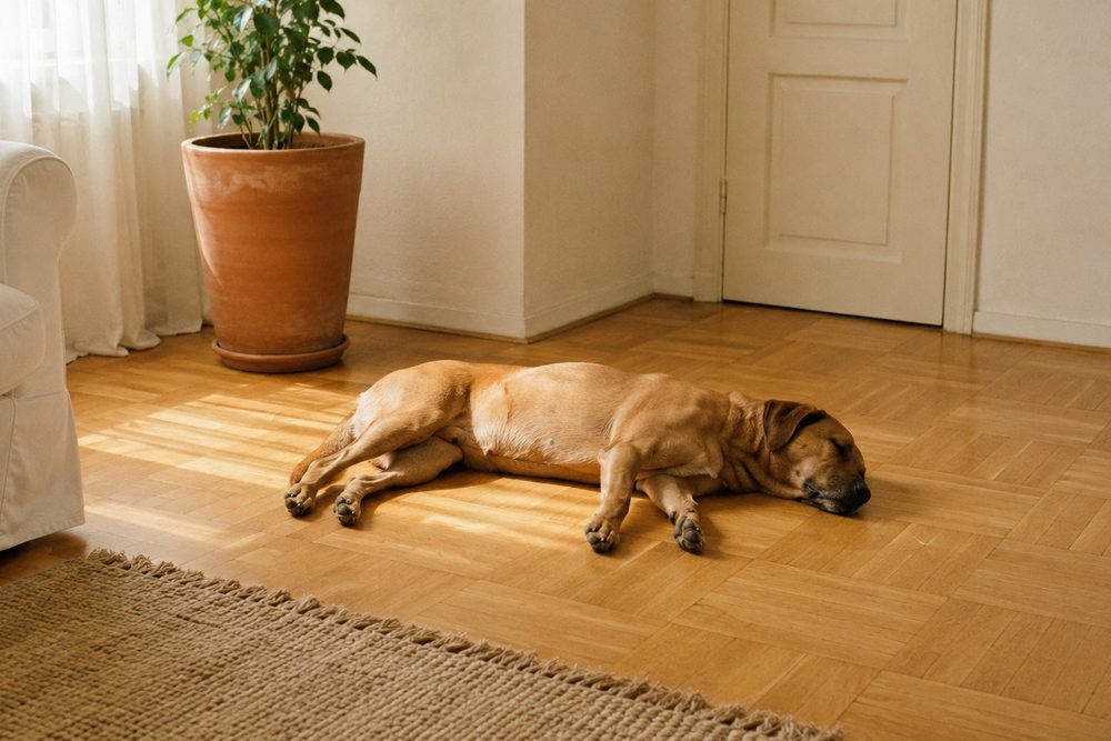 Un cane disteso sul fianco sul parquet, zampe abbandonate e testa a terra: dorme.