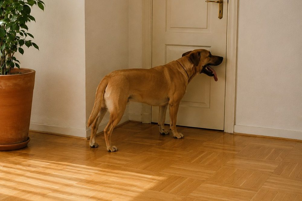Lo stesso cane in piedi, fermo davanti alla porta chiusa, che ansima con la lingua fuori.