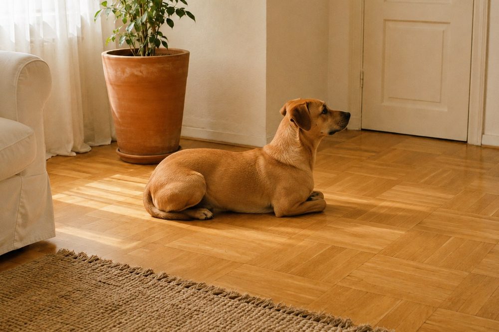 Lo stesso cane sdraiato sul petto, sveglio, con il collo teso e il muso rivolto verso la porta.